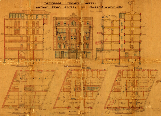 J M Dawson’s 1908 plans for the Columbia Private Hotel (WCC Archives reference 00053:143:7955)