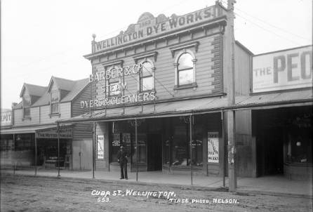 Cuba Street, Wellington, with the premises of Barber & Co, steam dyers and cleaners. Tyree Studio :Negatives of Nelson and Marlborough districts. Ref: 1/2-011651-G. Alexander Turnbull Library, Wellington, New Zealand. http://natlib.govt.nz/records/23112678