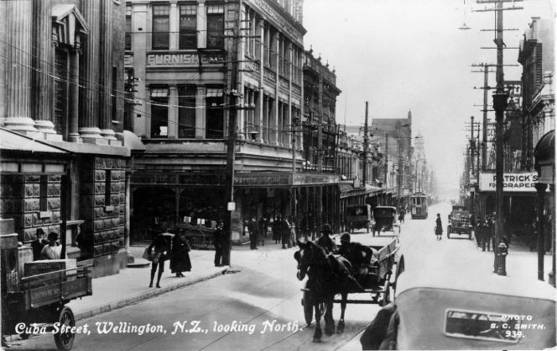 Cuba Street, Wellington, looking north from Vivian Street corner. Ref: 1/2-029894-F. Alexander Turnbull Library, Wellington, New Zealand. http://natlib.govt.nz/records/23179979