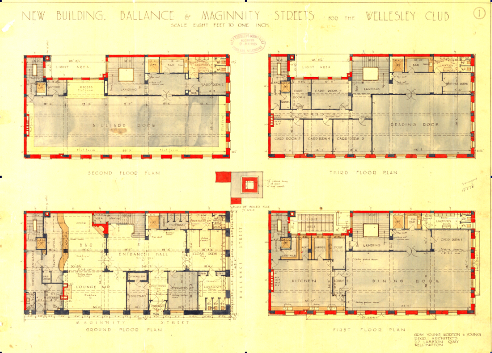 1925 proposed ground, first, second and third floor plans. Image: Gray Young Morton and Young (WCC Archives ref 00055_49_A4611-plan.)