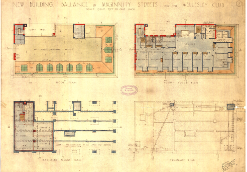 1925 proposed basement, drainage, fourth floor and roof plans of the Wellesley Club. Image: Gray Young Morton and Young (WCC Archives ref 00055_49_A4611-plan.)