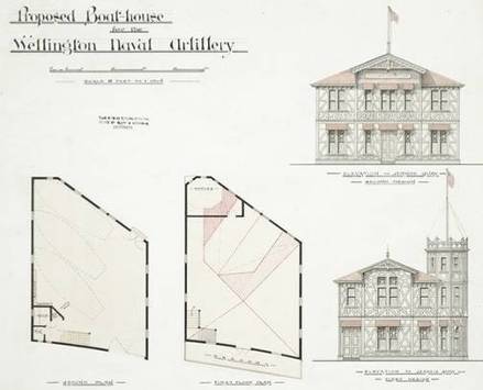 Clere, Frederick de Jersey, 1856-1952. Clere, Frederick de Jersey, 1856-1952 :Proposed boat-house for the Wellington Naval Artillery, 1894 / Clere, Fitzgerald & Richmond.. Ref: Plans-80-1230. Alexander Turnbull Library, Wellington, New Zealand. http://natlib.govt.nz/records/22860435