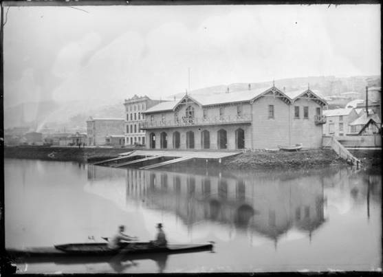 1888 - Star Boating Club, seen from the harbour looking towards Jervois Quay. Halse, Frederick James, d 1936 :Collection of negatives. Ref: 1/2-004072-G. Alexander Turnbull Library, Wellington, New Zealand. http://natlib.govt.nz/records/22517934