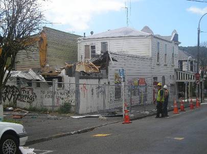 February 2005, this image shows the rear (1990s) extension, the location of most of the Bar Bodega, under demolition. (NZTA website accessed August 2012  http://www.nzta.govt.nz/projects/wicb/buildings/286-Willis.html )