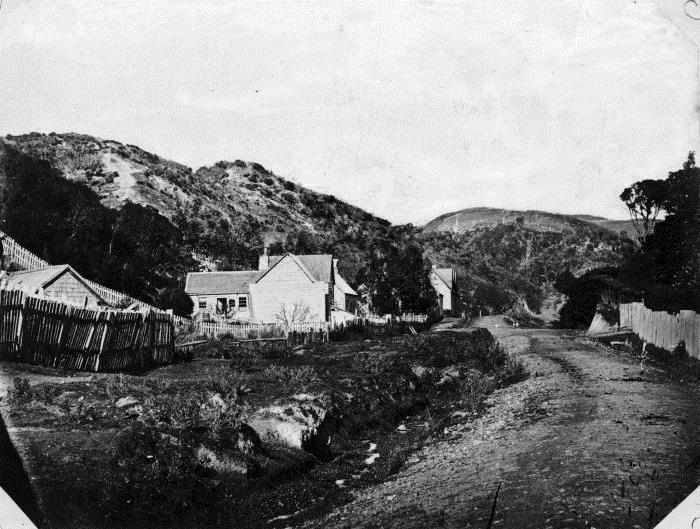 Tinakori Road, c.1863. The building in the middle lies roughly where the Shepherd’s Arms is today. The hills in the background were levelled to create Anderson Park in 1910. Image: National Library reference 