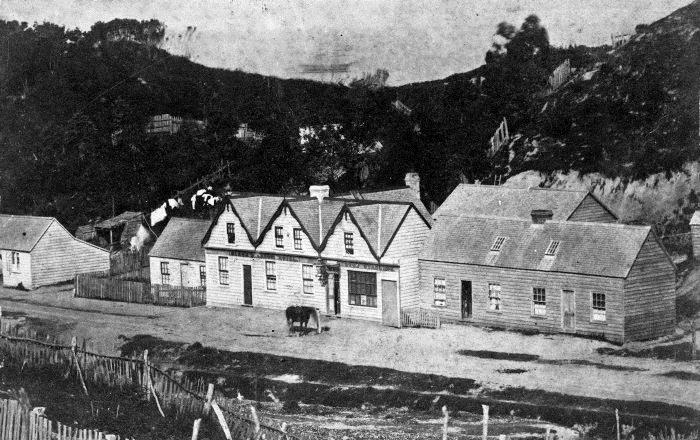 The Karori Hotel, c.1860s. Ascot Terrace is to the left with a small cottage on the site of what would become the Shepherd’s Arms. Image: National Library reference 