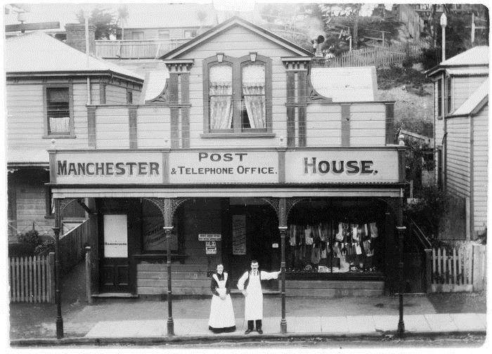 John and Naomi Hutchinson standing in front of Manchester House ca.1900. Image: National Library reference 