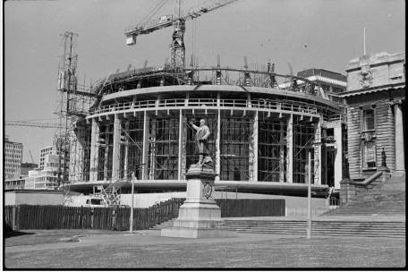 The Beehive under construction, Wellington. Negatives of the Evening Post newspaper. Ref: 1/4-022262-F. Alexander Turnbull Library, Wellington, New Zealand