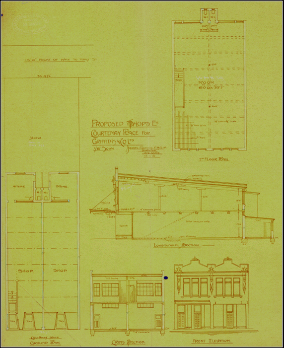 Original plan, elevation and cross section for the shops, 1917. (WCC Archives 00053:190:10442)