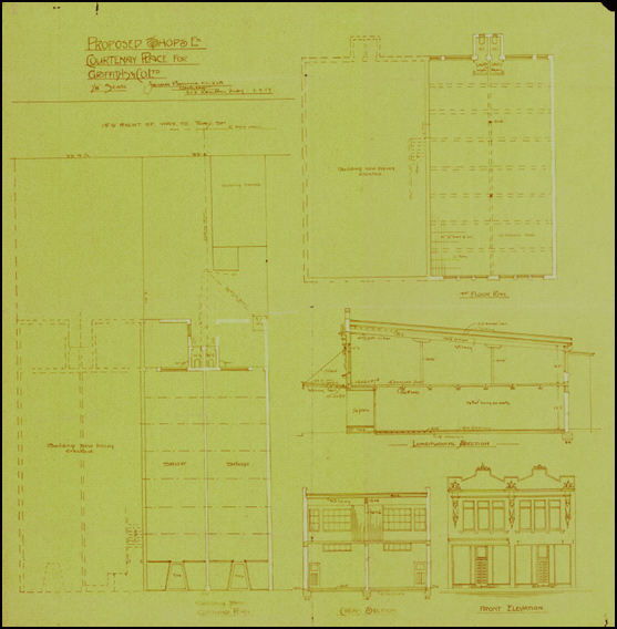 Original plan, elevation and cross section for the second two shops, built adjoining the first two shops and identical in construction, 1917. (WCC Archives reference 00053:190:10477)