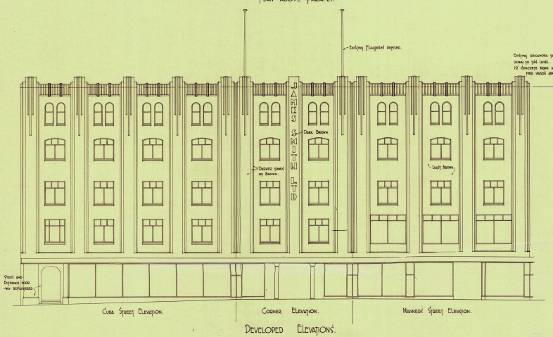 Plans for 1932 Art Deco façade of corner building (WCC Archives reference 00056:130:B11856)