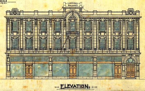 1908 plans for the front elevation of 101-107 Cuba Street (WC Archives, 00053:148:8230)