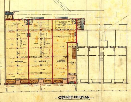 1908 plans for the ground floor plan, including the footprint of 109-117 Cuba Street and a rear building (WC Archives, 00053:148:8230)