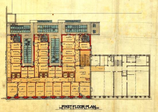 1908 plans for the first floor, incorporating the layout of 109-117 Cuba Street (WC Archives, 00053:148:8230)