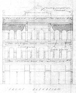 These 1942 plans detail repairs to the building and the removal of decorative masonry features such as the parapet and urns (Wellington City Archives, 00056:280:B22502).