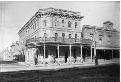 c.1890 the Occidental Hotel on the corner of Lambton Quay and Johnston Street before the construction of the Kirkcaldie and Stains department store. Kirkcaldie and Stains acquired their first Lambton Quay property at the intersection of Lambton Quay and Brandon Streets in 1868, and their last Lambton Quay property, Reichardt’s music warehouse seen to the right of this photograph, in 1897.  Corner of Lambton Quay and Johnston Street, Wellington, with the Occidental Hotel. Tyree Studio :Negatives of Nelson and Marlborough districts. Ref: 1/2-003938-G. Alexander Turnbull Library, Wellington, New Zealand. http://natlib.govt.nz/records/23011659