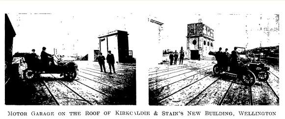 1909 – Motor car parking spaces on the roof of Kirkcaldie and Stain’s new building. (“Motor Garage on the Roof of Kirkcaldie & Stain's New Building, Wellington.” Progress, 1 June 1909, Page 281) 