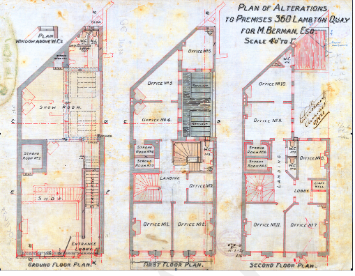 1921 scheme for M. Berman altered the ground floor plan to provide a larger shop and showroom (including the infill of a light-well at ground floor level), removed the original stair from ground to first. Image: WCC Archives ref 00053_0_11439