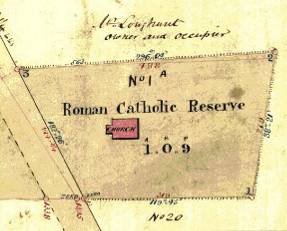 Enlargement of DP B464 to show the Roman Catholic Reserve, note that the outline of the porch can be seen on this drawing, but not the sacristy or sanctuary.