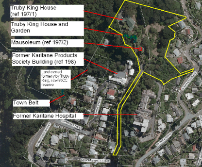 Aerial photograph adapted to show the relationship between the Truby King House and Garden (now a WCC reserve with public access to the gardens), The Tuby King Mausoleum, the former Karitane Products Society Building (now in residential use), the Former Karitane Hospital (now a conference centre) and the town belt.