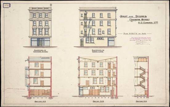 Crichton & McKay :Shop and stores, Manners Street, for H D Edwards Esq. 1907. [Architectural plans collected by Bulleyment Fortune architects. 1890-1900s]. Ref: Plans-93-0266. Alexander Turnbull Library, Wellington, New Zealand. http://natlib.govt.nz/records/23252961