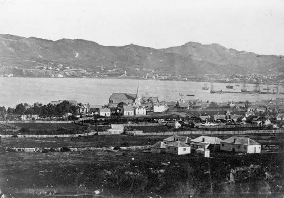 c.1868 - View across Thorndon, Wellington, taking in Old St Pauls, Wellington Harbour, and part of Mount Victoria. Ref: 1/2-010900-F. Alexander Turnbull Library, Wellington, New Zealand. http://natlib.govt.nz/records/22805280