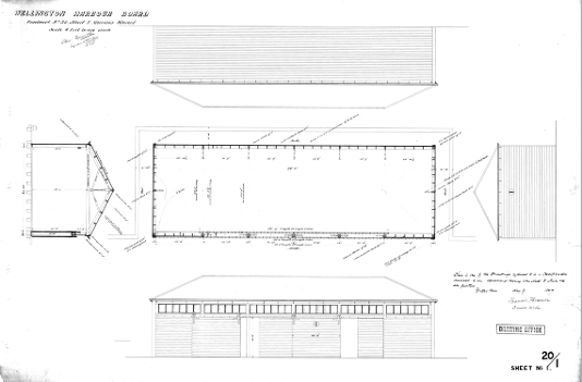1887 – Plan, section and elevations as proposed for the Wellington Harbour Board, Contract 38, Shed ‘I’ (Shed 3)