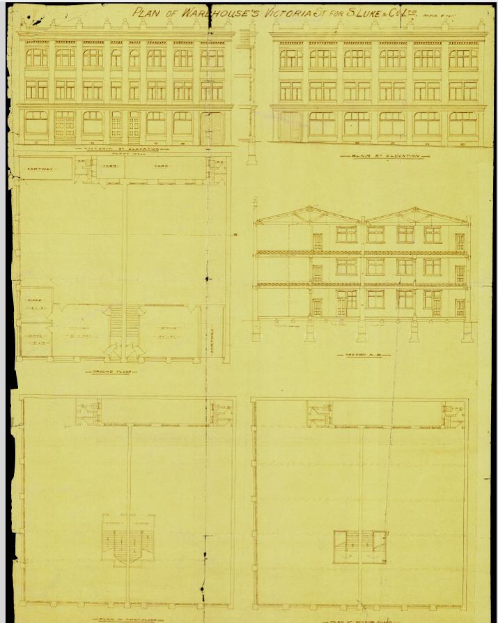 Original plans of the building on the corner of Victoria and Blair Street (WCA 00053-128-7130).