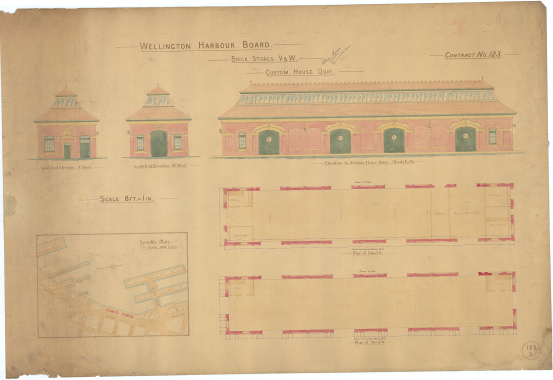 1903 drawings signed by William Ferguson for brick stores V & W. The contract set of drawings for these buildings survive and are signed by T Hunt and J McDonald (Contractors), William Cable (Chairman), and William Ferguson (Secretary), these are dated 1904. (1903 drawings WCC Archive, ref 00044_0_211-plans; Contract drawings WCC archives ref AC016_3_123-plans.)