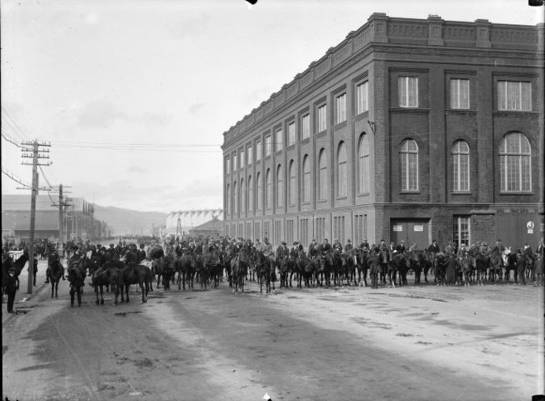 Special Constables, Waterloo Quay, Wellington, during the 1913 waterfront strike. Smith, Sydney Charles, 1888-1972 :Photographs of New Zealand. Ref: 1/2-048789-G. Alexander Turnbull Library, Wellington, New Zealand. http://natlib.govt.nz/records/23218722