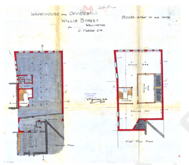 1903 new four storey office and warehouse building constructed behind the existing (1900) building. Image: WCC archives 00053_92_5249-plans.