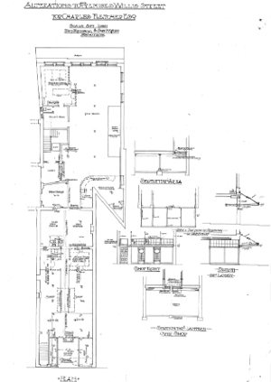 1919 proposed alterations by William Turnbull. Note the use of the rear portion of the building as a Tea Rooms, and the division of the ground floor shop fronting Willis Street into two separate tenancies. Image: WCC Archives 00053_198_10964