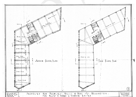 1929 second and third floor plans as proposed which shows the second floor was partitioned into large “piano salon’s” and there was a large show room for “old pianos”. The third floor was designated as “space to let”.  