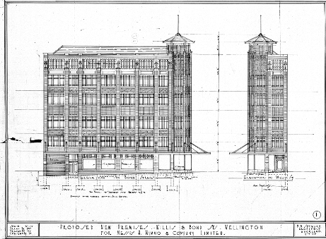 1929 elevation as proposed, the original drawing shows that four of the Bond Street “windows” were originally filled with cement panels, it also shows the original tower (now demolished). Image: F.D. Stewart WCC Archives ref 00056_B1_B7744