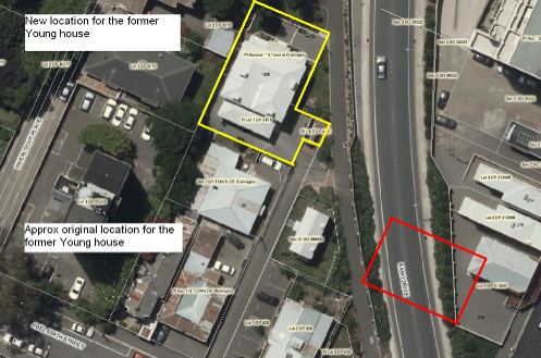 2011 – WCC aerial photo that shows the new location of the former Young house. Note that the building has been rotated so that the original east (street) elevation now faces north.