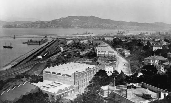 The Woolstore in c.1905. National Library reference: Thorndon, Wellington. Ref: 1/2-026970-F. Alexander Turnbull Library, Wellington, New Zealand. http://natlib.govt.nz/records/22674435