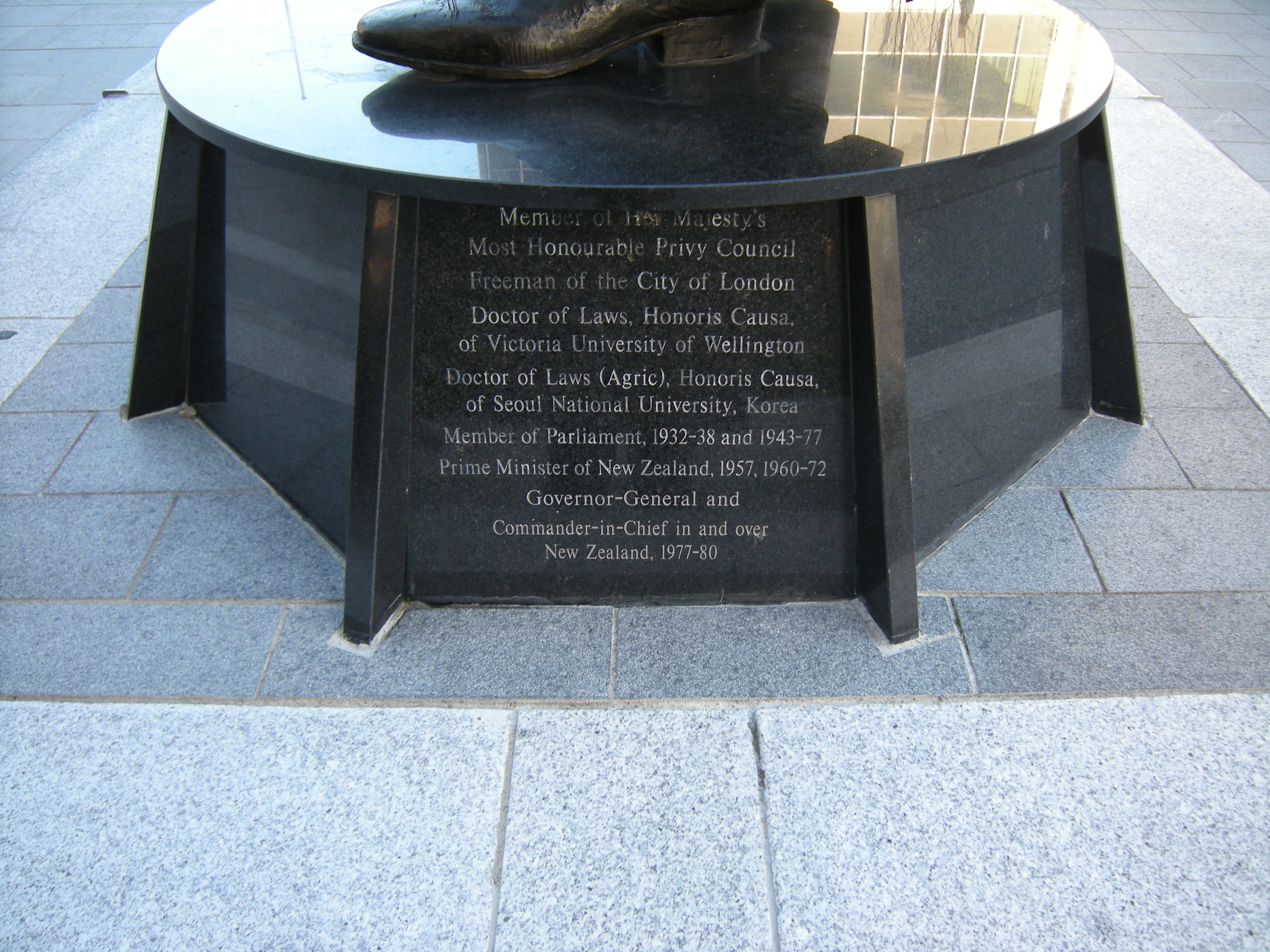 Member of Her Majesty's Most Honourable Privy Council, Freeman of the City of London, Doctor of Laws, Honoris Causa of Victoria University of Wellington. Doctor of Laws (Agric), Honoris Causa of Seoul National University, Korea. Member of Parliament, 1932-38 and 1943-77. Prime Minister of New Zealand, 1957, 1960-72. Governor-General and Commander-in-Chief in and over New Zealand, 1977-80.  Image: WCC, 2014