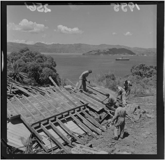 1955 - Demolition of fort Buckley, above Ngaio Gorge, Wellington. National Library reference: EP/1955/2561-F Photograph taken for the Evening Post newspaper of Wellington by an unidentified staff photographer. http://ndhadeliver.natlib.govt.nz/content-aggregator/getIEs?system=emu&id=639200