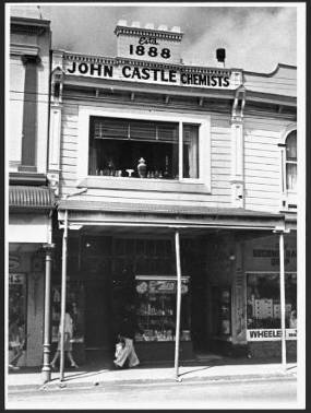 c.1981 John Castle's chemist shop. National Library reference: Short, Jack, fl 1977. John Castle's chemist shop, 139 Riddiford Street, Newtown, Wellington - Photograph taken by Jack Short. Dominion post (Newspaper) :Photographic negatives and prints of the Evening Post and Dominion newspapers. Ref: EP-Industry-Medicines and pharmaceutical-01. Alexander Turnbull Library, Wellington, New Zealand. http://natlib.govt.nz/records/23192267
